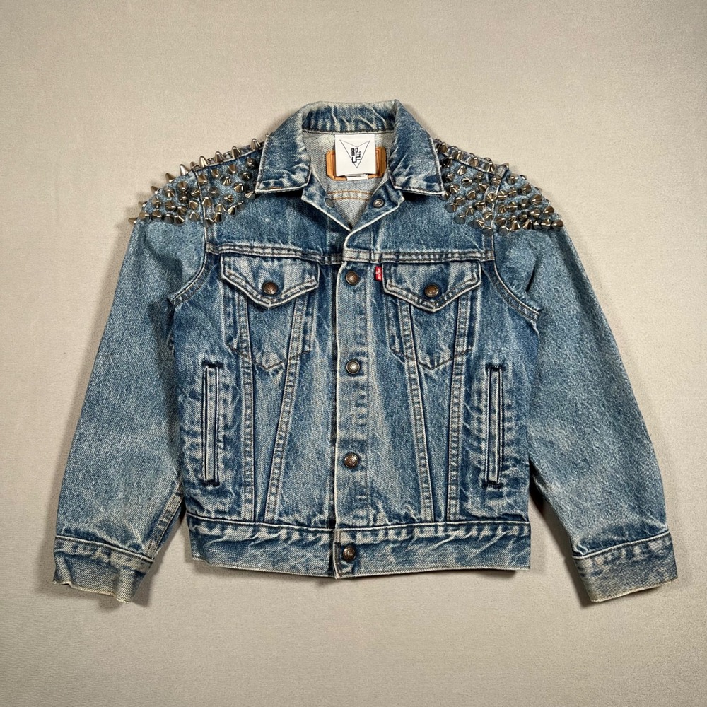 Vtg 80s Levis Studded Denim Trucker Jacket Womens XS Youth 12 Blue Type 3 Punk